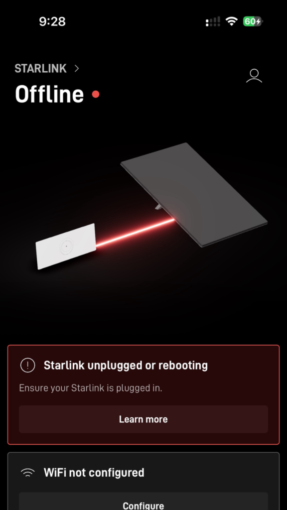 Screenshot of the Starlink app on a mobile phone displaying an error message indicating the service status as 'offline,' with the router either unplugged or in the process of rebooting.